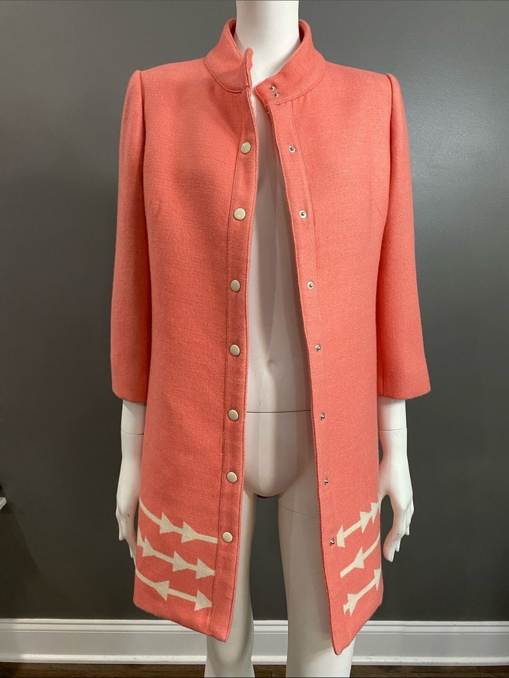 Lauren Moffatt Eastward Dress Coat Coral Arrow-Trim Wool Size M - Picture 4 of 15